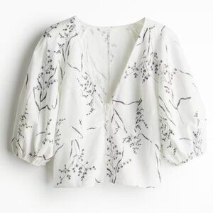 NWT - H&M Linen-blend Black and White Floral Blouse